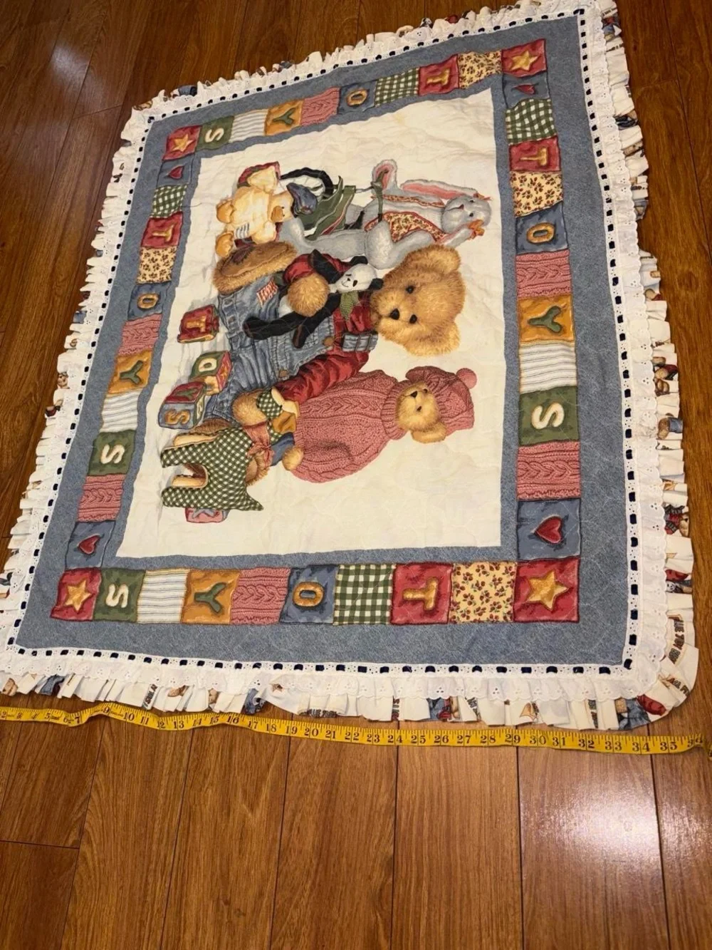 Vintage 90s blue jean teddy bear quilt 44x35